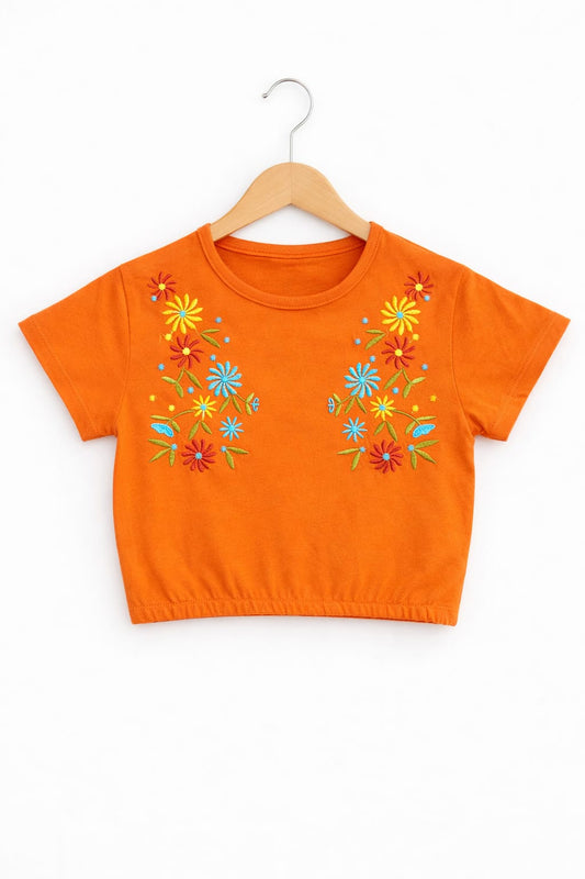 Blue & Yellow Embroidered  Orange Girls T Shirt
