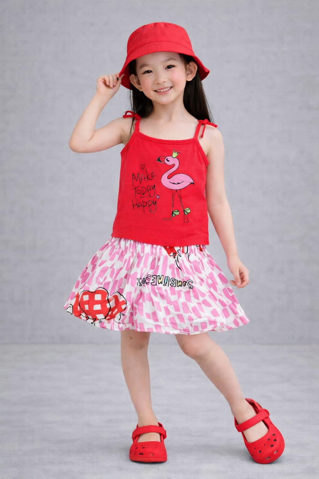 Red [Make Today Happy] Printed Girls Top & Skirt 285