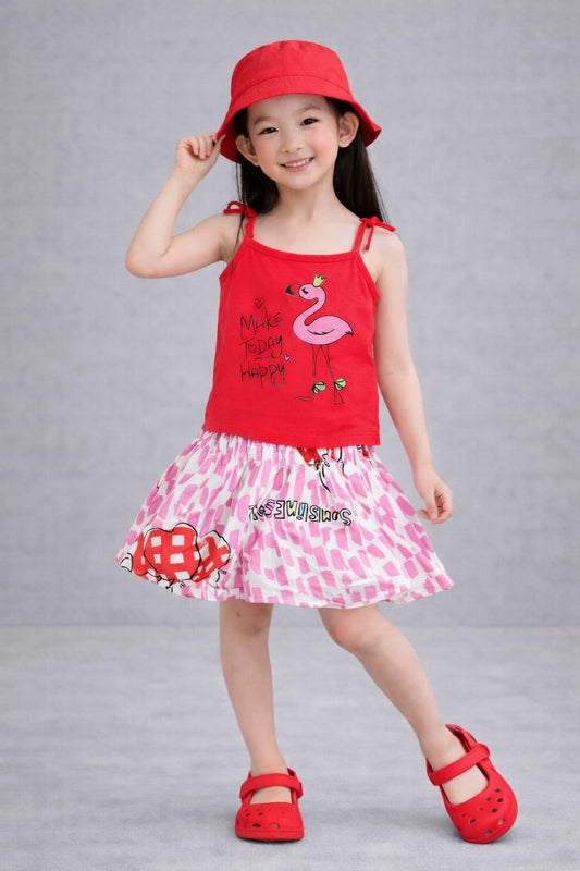 Red [Make Today Happy] Printed Girls Top & Skirt
