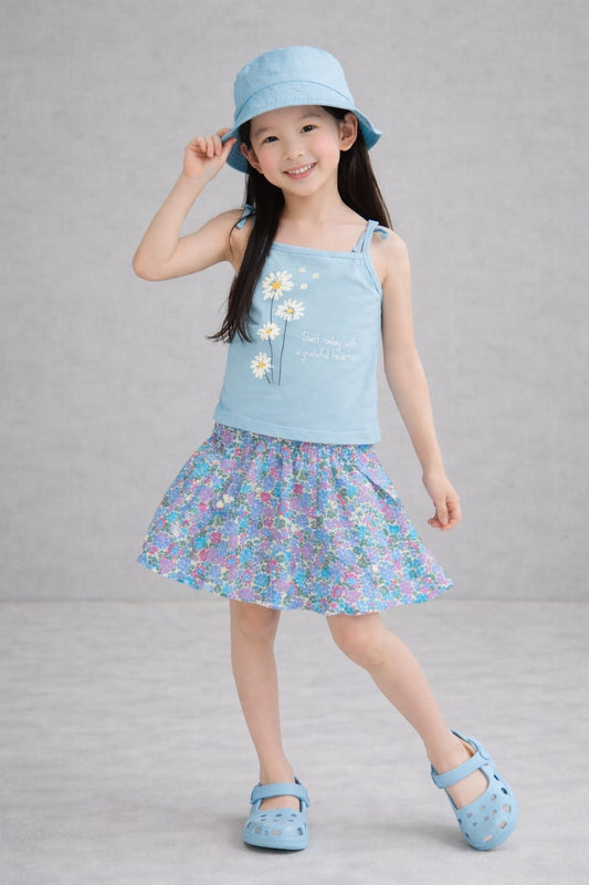 White Flowers [Start Today with a Grateful heart] Printed Girls Top & Skirt