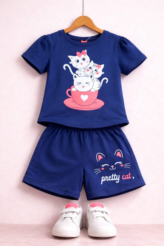 White Pretty Cats Printed Navy Girls Nicker Suit