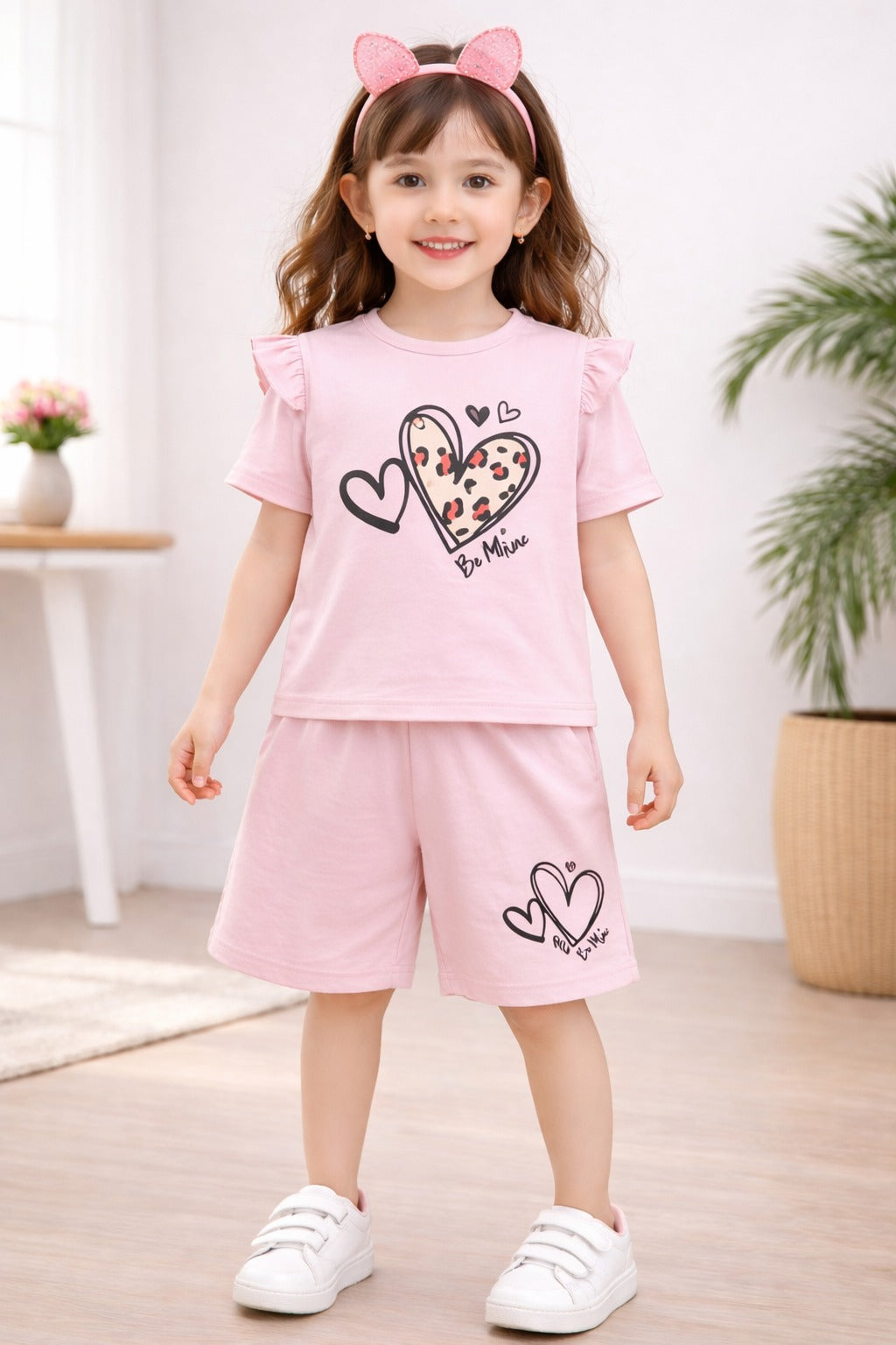 Heart Printed Soft Pink   Girls Nicker Suit 246