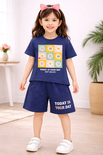 Flowers Printed Royal Blue  Girls Nicker Suit 439