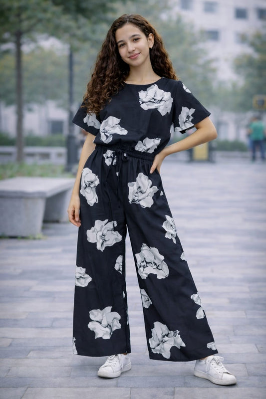Black [Grey Flowers Printed ] Cotton Girls Co-Ord Set