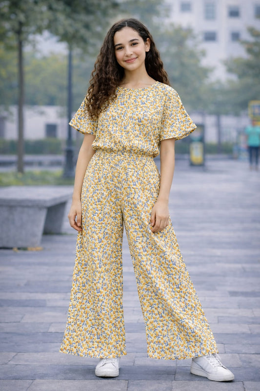 Yellow & blue Floral Vibes Cotton Girls Co-Ord Set