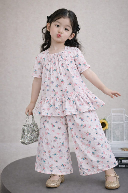 Pink & Green  Flowers Printed  Light Pink Girls Co-Ord set 240