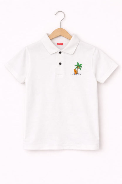 Little Beach Palm Printed White  Polo Shirt Boys 257