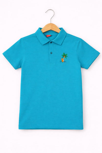 Little Beach Palm Printed Blue   Polo Shirt Boys 213