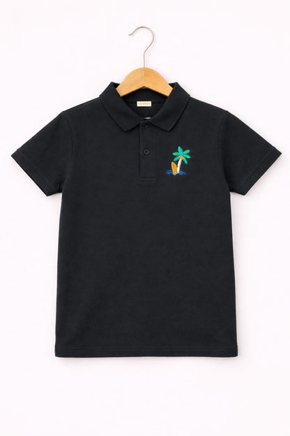 Little Beach Palm Printed Black   Polo Shirt Boys 286