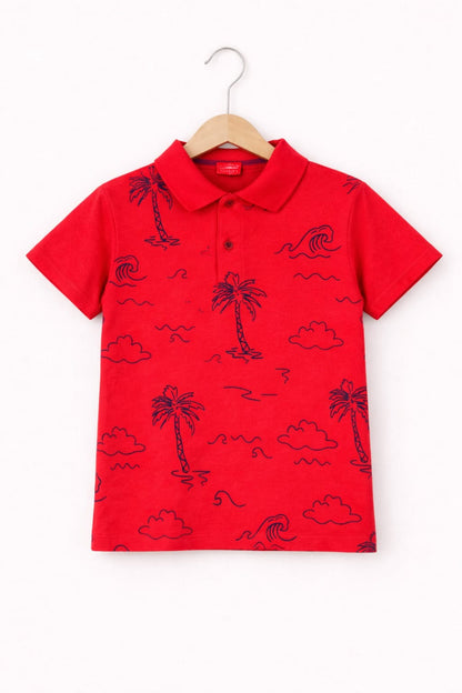 Little Beach Palm Printed  Red  Polo Shirt Boys 214