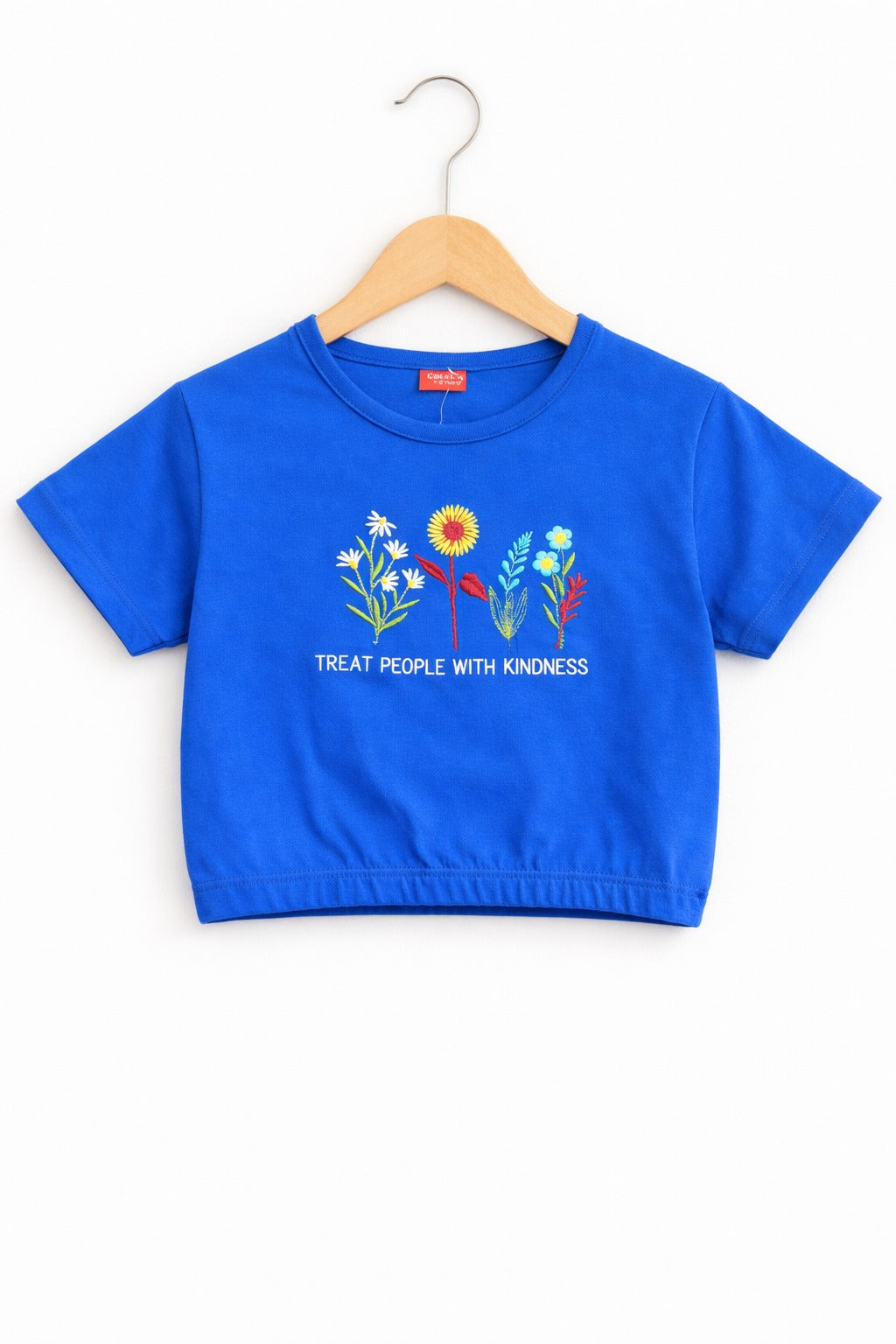Flowers Embroidered Royal Blue Girls T Shirt