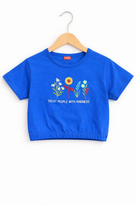 Flowers Embroidered Royal Blue Girls T Shirt