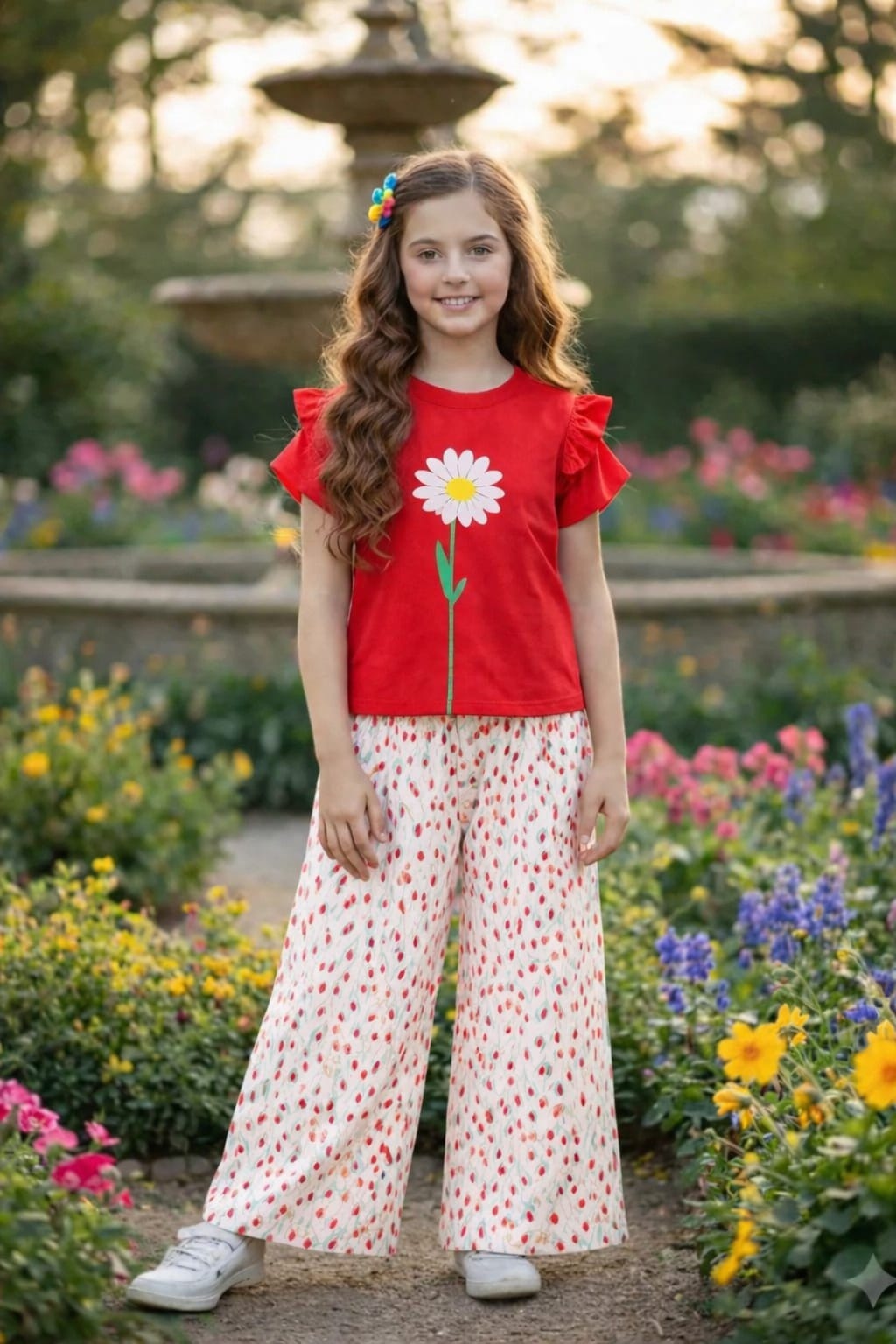 White Flower Printed Red  Girls T-Shirt &Cotton Flapper