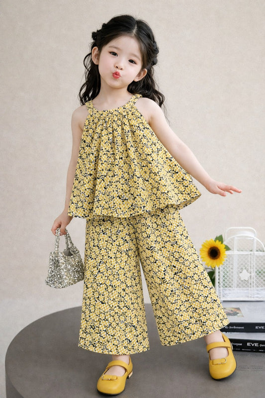 Yellow & Black   Floral Top & Wide-Leg Pants Set