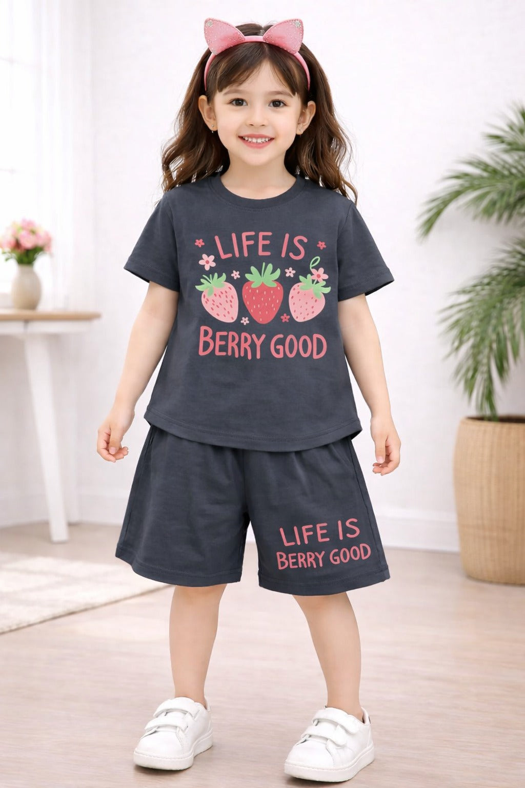 [Life is Berry Good] Printed Black Grey  Girls Nicker Suit 439