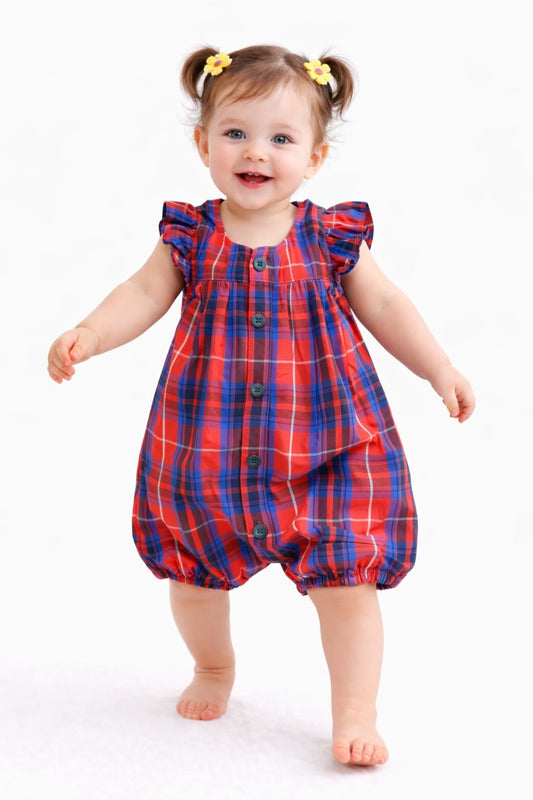 Little Lady Red & Navy  Checks  Girl Baby Romper