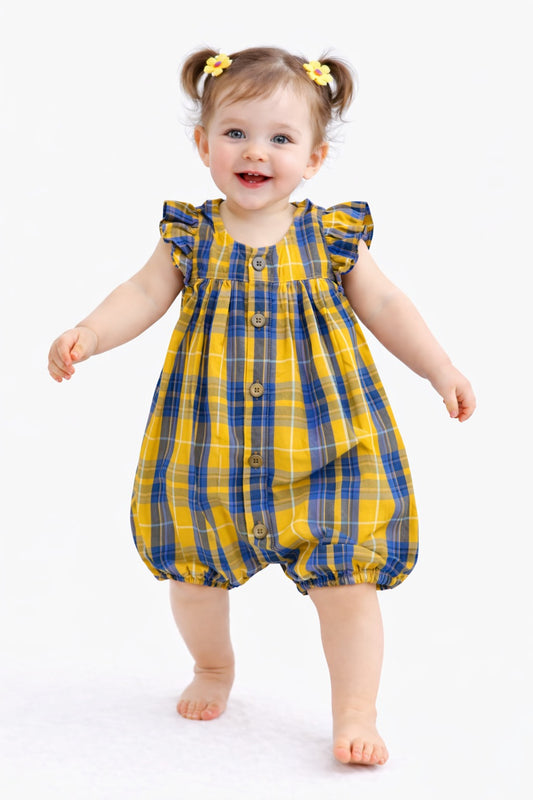 Little Lady Navy & Yellow  Checks  Girl Baby Romper
