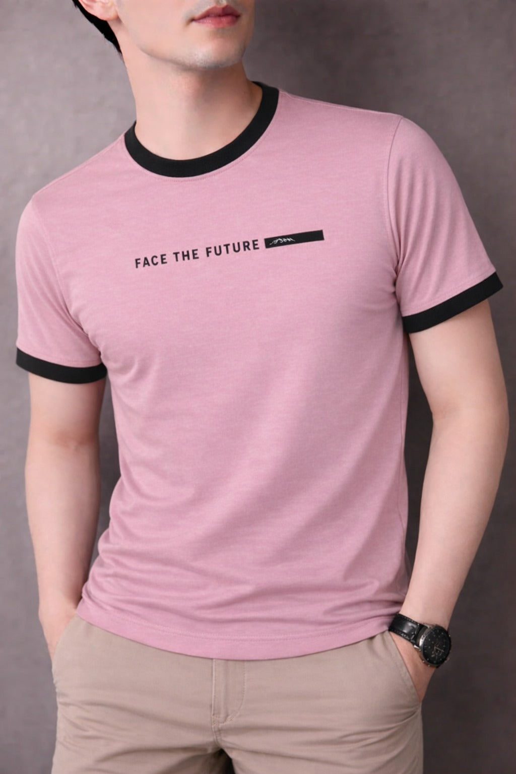 Light Pink [Face The Future] Printed  Cotton Combed Terry  Men's T-Shirt  539