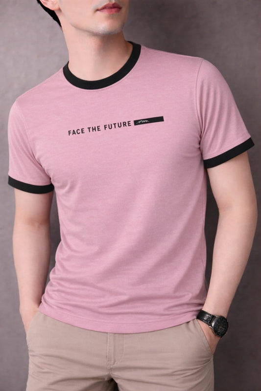 Light Pink [Face The Future] Printed  Cotton Combed Terry  Men's T-Shirt  539
