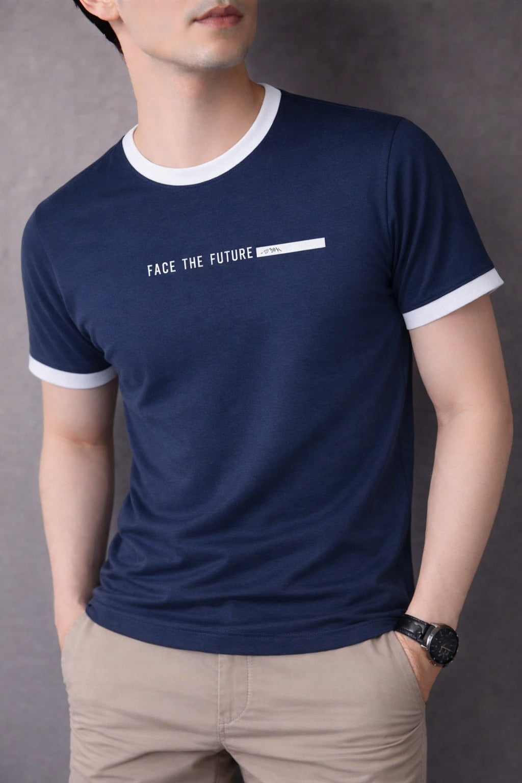 Navy [ Face the Future] Printed Cotton Combed Terry Men's T-Shirt 531