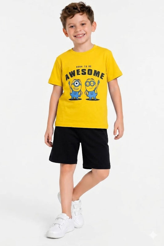 Awesome Vibes Cartoon Printed Yellow Boys Nicker Suit 102