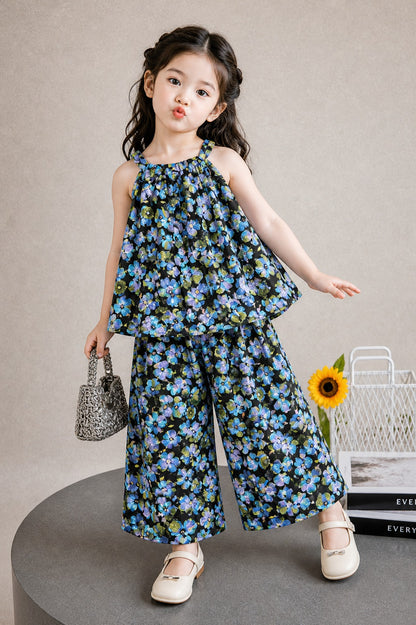 Girls black floral sleeveless co-ord set with blue flower print, flowy top and wide-leg pants, stylish summer kids Pakistan  outfit 