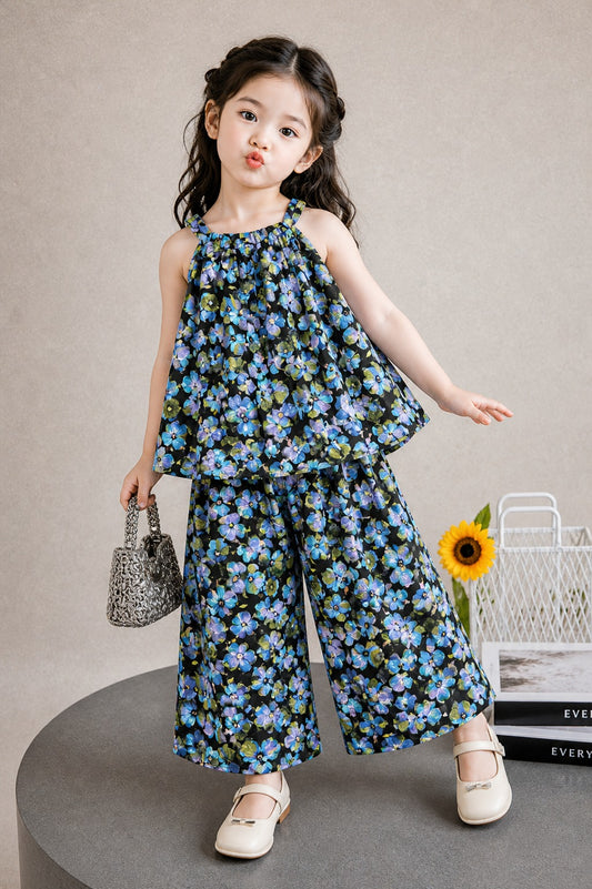 Girls black floral sleeveless co-ord set with blue flower print, flowy top and wide-leg pants, stylish summer kids Pakistan  outfit 