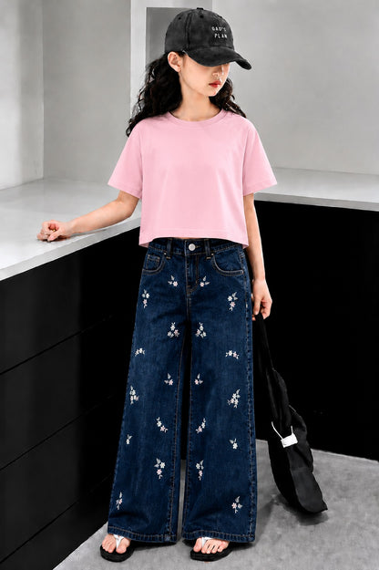 Kids Flowers Allover Embroidered Girls Flapper Jeans - Dark Blue 265