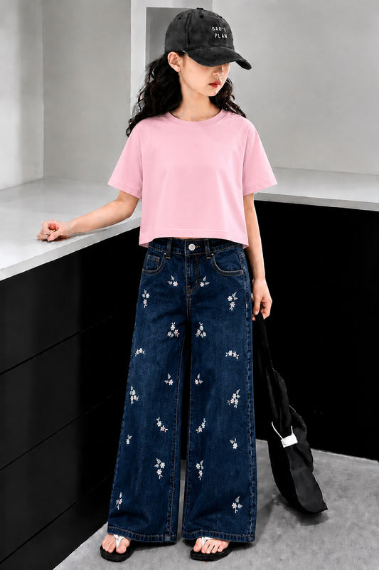 Kids Flowers Allover Embroidered Girls Flapper Jeans - Dark Blue 265