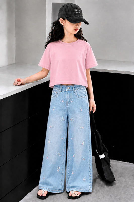Kids Flowers Allover Embroidered Girls Flapper Jeans - Light Blue 271