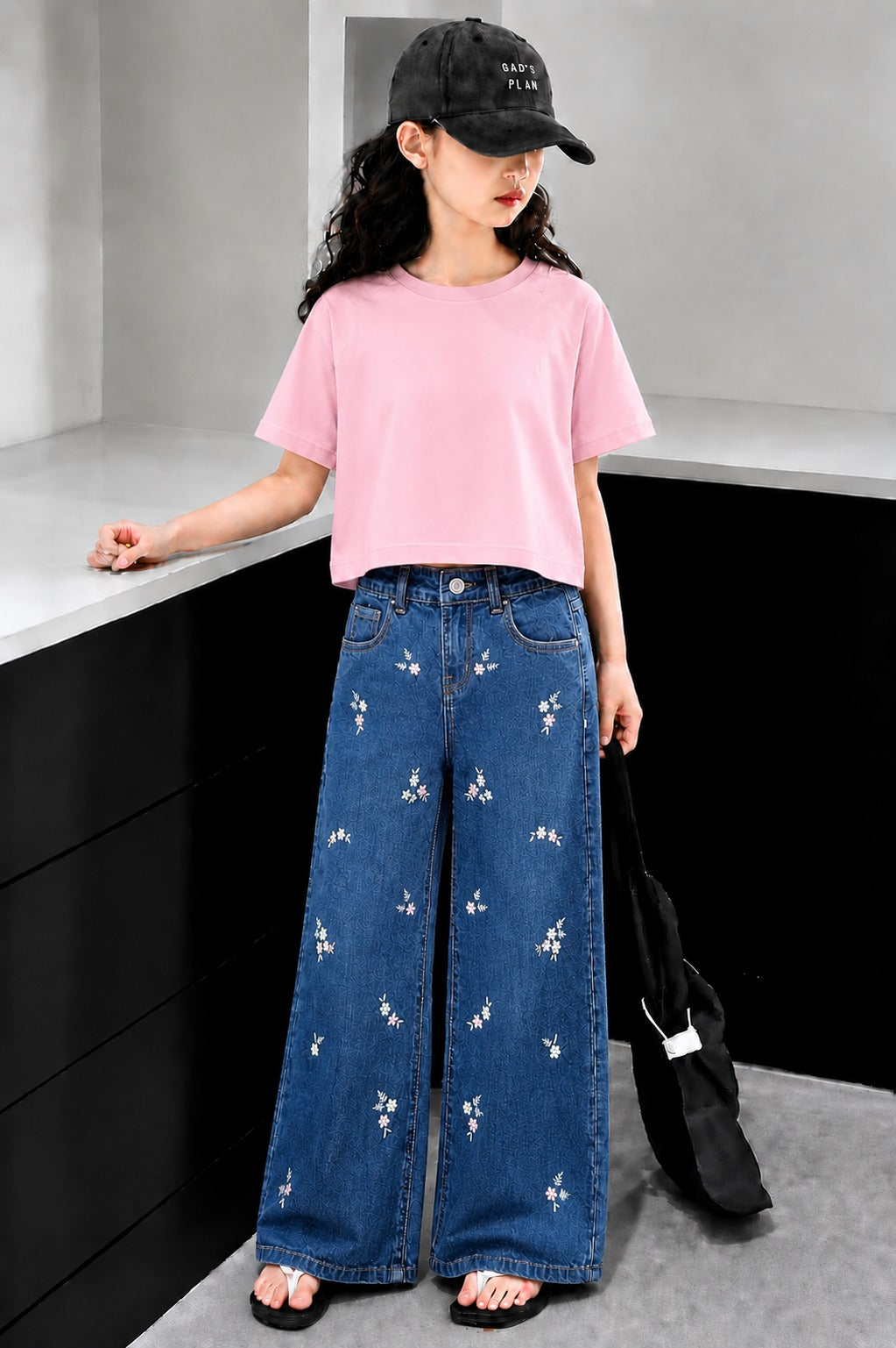 Kids Flowers Allover Embroidered Flapper Jeans-Mid Blue 119