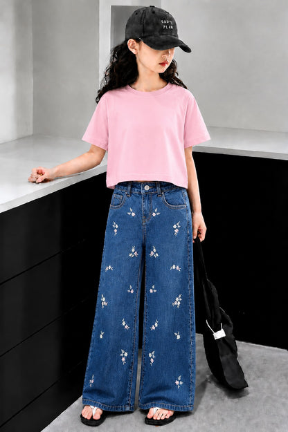 Kids Flowers Allover Embroidered Flapper Jeans-Mid Blue 119