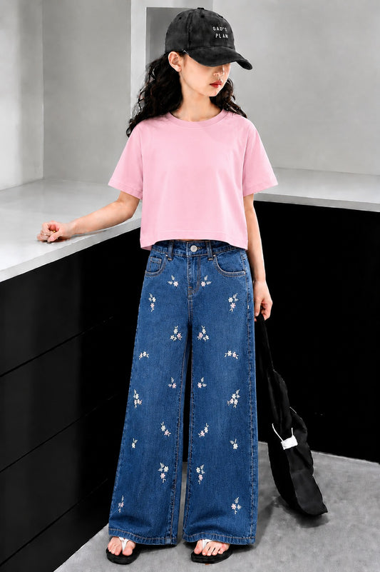 Kids Flowers Allover Embroidered Flapper Jeans-Mid Blue 119