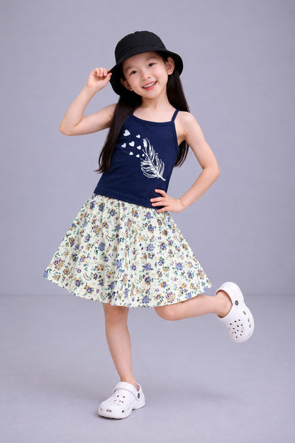 White Feather With Hearts Printed Midnight Bloom Girls Top & Skirt 225