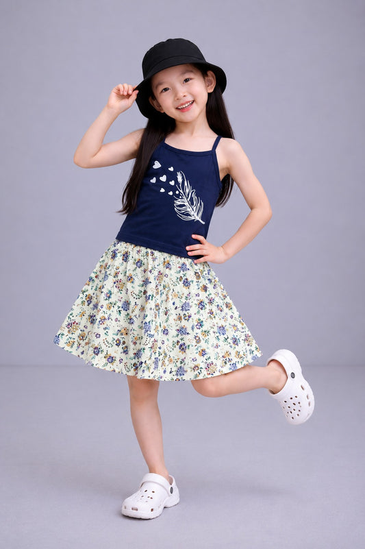 White Feather With Hearts Printed Midnight Bloom Girls Top & Skirt 225