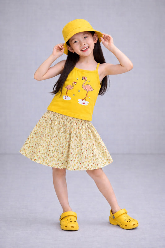 Sunshine Flamingo Printed  Yellow Girls Top & Skirt 227