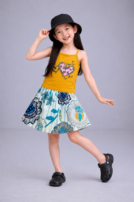 Sunshine Heart[Be Mine] Printed Mustard  Girls Top & Skirt 240