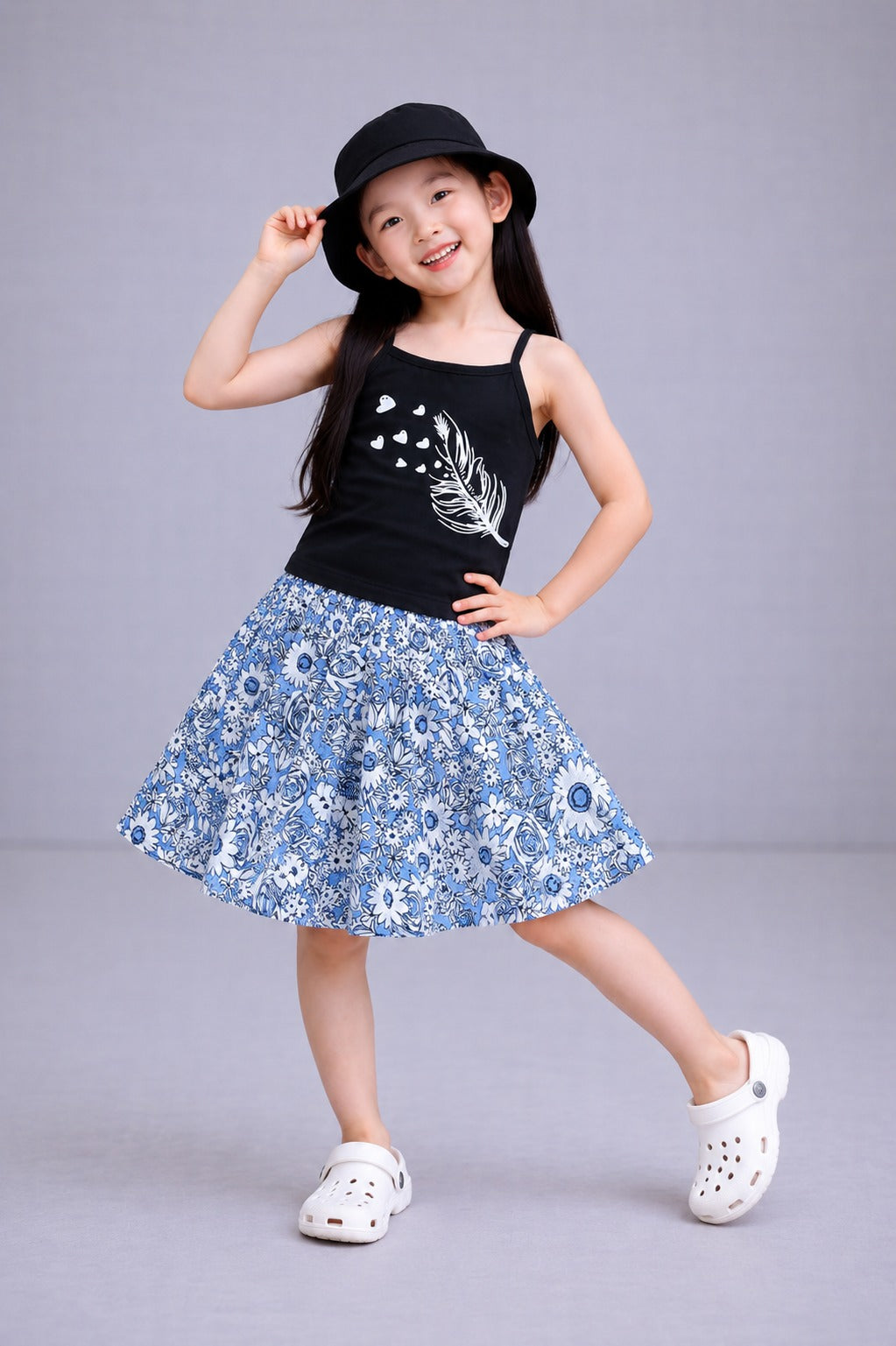 White Feather With Hearts Printed Black Bloom Girls Top & Skirt 227