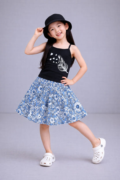 White Feather With Hearts Printed Black Bloom Girls Top & Skirt 227
