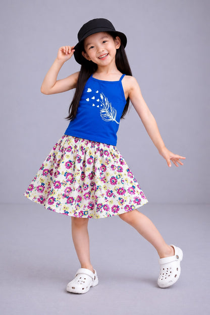 White Feather With Hearts Printed Blue Bloom Girls Top & Skirt 240