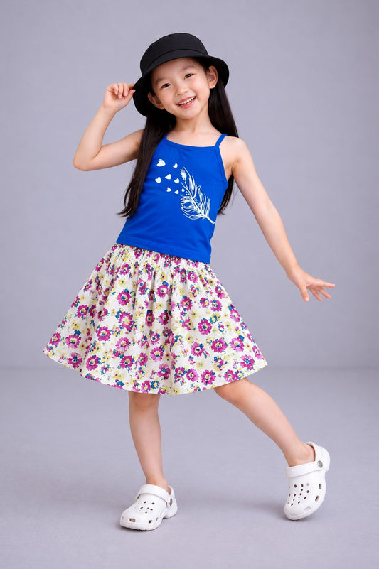 White Feather With Hearts Printed Blue Bloom Girls Top & Skirt 240