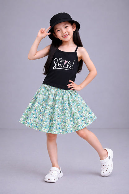 [Smile] Printed Black  Girls Top & Skirt 239