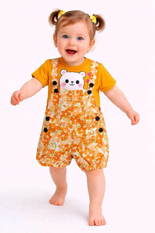 Orange Daisy Flowers Printed With White Bunny Girls Romper Set 104