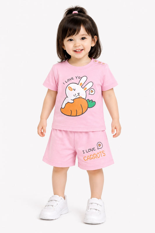 Bunny With Carrot Printed Pink  Girls Nicker Suit 238
