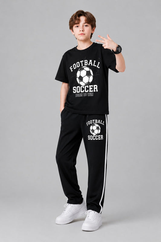 [Football Soccer ] Printed Black Boys T-Shirt & Trouser 263