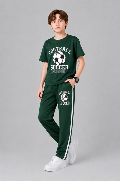 [Football Soccer ] Printed Green  Boys T-Shirt & Trouser 263