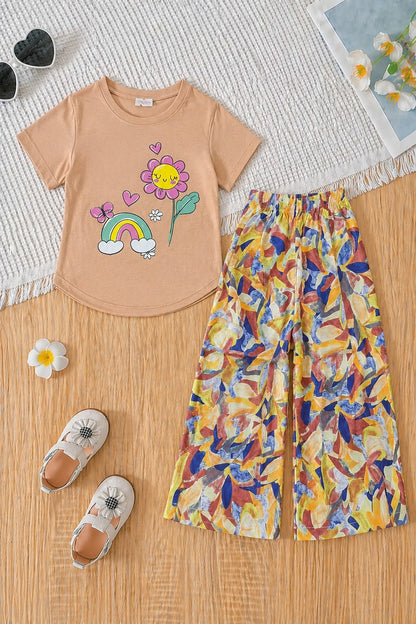 Rainbow With Flower Printed Peach beige T-shirt & Cotton Flapper 503