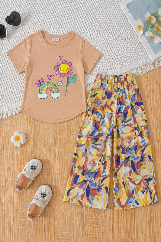 Rainbow With Flower Printed Peach beige T-shirt & Cotton Flapper 503