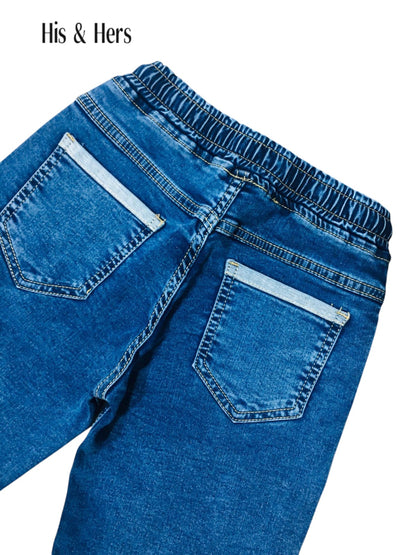 Elastic Waist &Cuffed Hem Mid-Blue Denim Shorts Boys