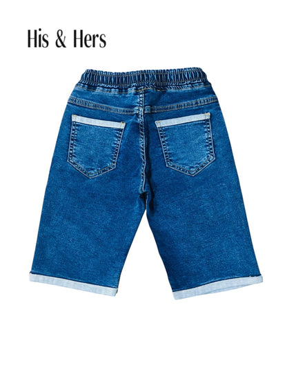 Elastic Waist &Cuffed Hem Mid-Blue Denim Shorts Boys